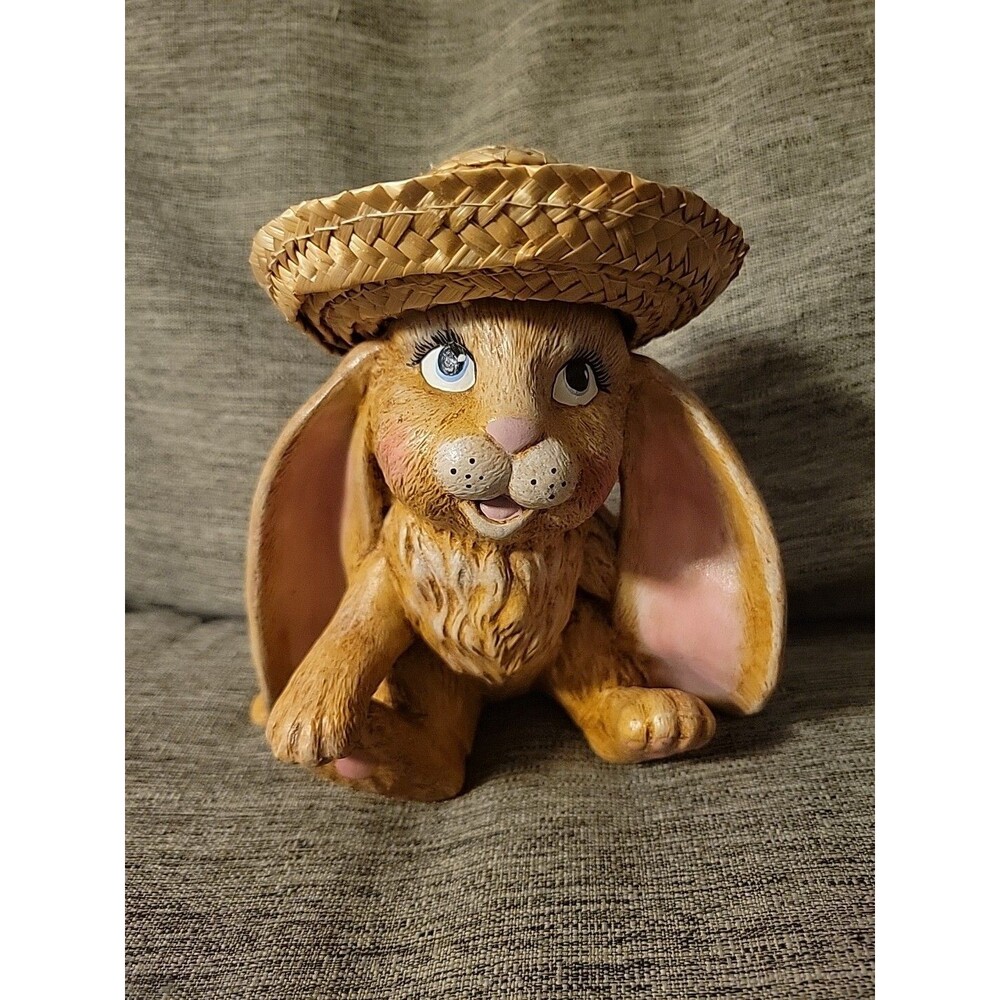 Vtg Bunny Rabbit Straw Hat Happy Figurine Easter Tan 7" Lop Ear Cute!